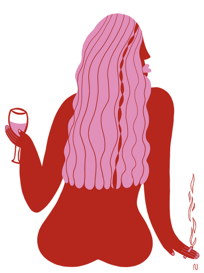 "Bad Habits" dell'artista SAYONARA. Ritrae una ragazza con lunghi capelli rosa, seduta di spalle, che tiene un calice di vino nella mano sinistra e una sigaretta nella destra. Il suo sguardo rivolto a destra aggiunge un tocco di mistero. Un'opera che celebra il piacere delle sane cattive abitudini in uno stile cartoon unico.