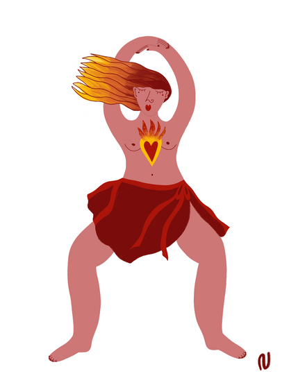Una figura femminile danzante con una gonna bordeaux e un fiocco rosso. I capelli gli svolazzano e vanno da un colore castano a un color giallo acceso. Sul petto ha un cuore rosso con un'aura gialla e cinque fiamme rosse che escono verso l'alto.