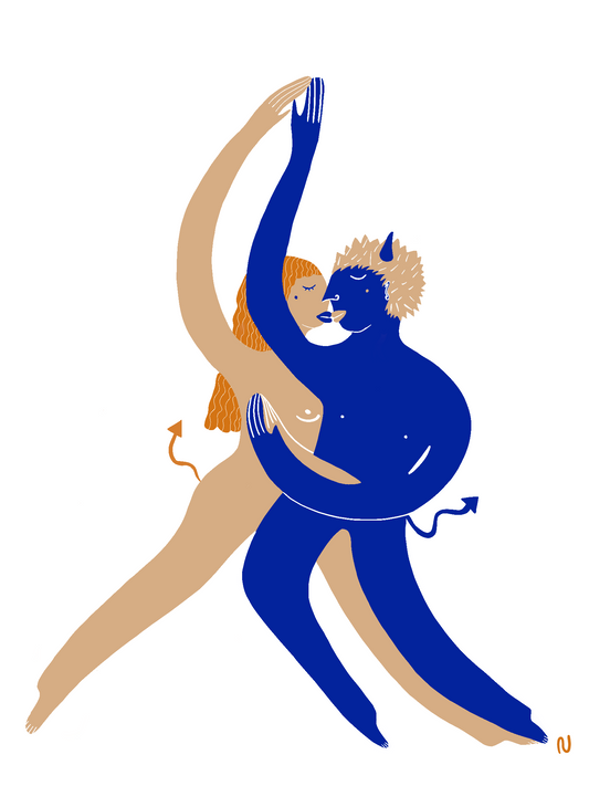 Due figure che ballano il tango. Una con la pelle olivastra e capelli lunghi arancioni, l'altro con una pelle blu e i capelli castano chiaro. Queste due figure sono adornate da una coda con una punta, mentre lui ha la particolarità di avere delle corna blu.