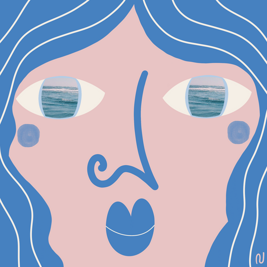 Una figura femminile con i capelli e lineamenti blu. Nei suoi occhi le onde del mare prendono vita