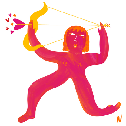 Un cupido rosa dai capelli arancioni con un arco dorato e una freccia che viene scoccata con dei cuori rosa rosso arancione